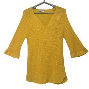 Vintage 80s Yellow Tunic Top Womens Small Coastal Beachy Open Knit Bell Sleeves